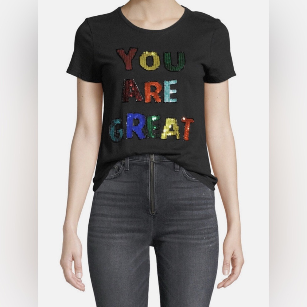 Alice + Olivia Black Tee with Colorful “You are Great” Sequin Letters